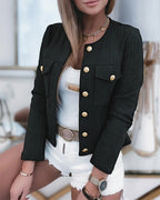 Cropped Knit Jacket with Round Neck and Gold Buttons
