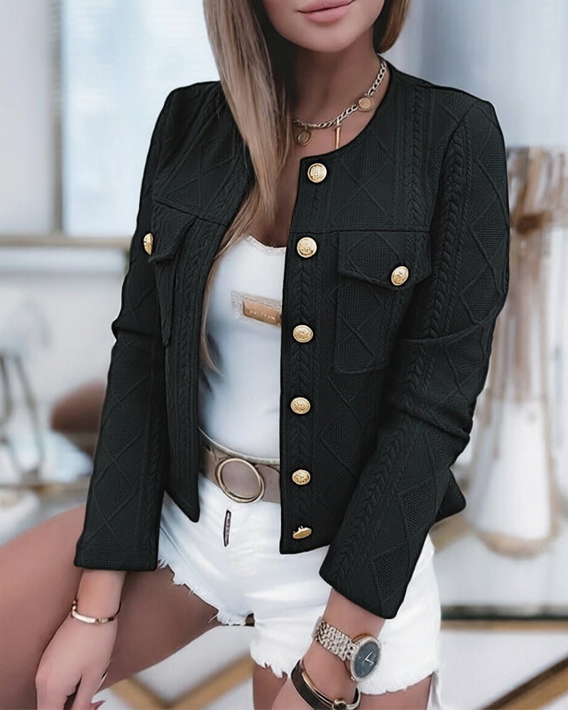 Cropped Knit Jacket with Round Neck and Gold Buttons