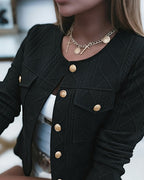 Cropped Knit Jacket with Round Neck and Gold Buttons