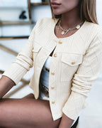 Cropped Knit Jacket with Round Neck and Gold Buttons - Beige