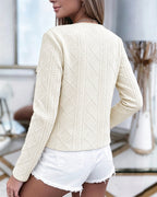 Cropped Knit Jacket with Round Neck and Gold Buttons