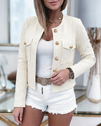 Cropped Knit Jacket with Round Neck and Gold Buttons