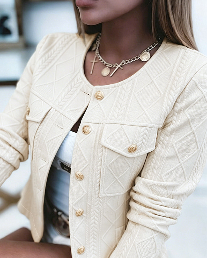 Cropped Knit Jacket with Round Neck and Gold Buttons