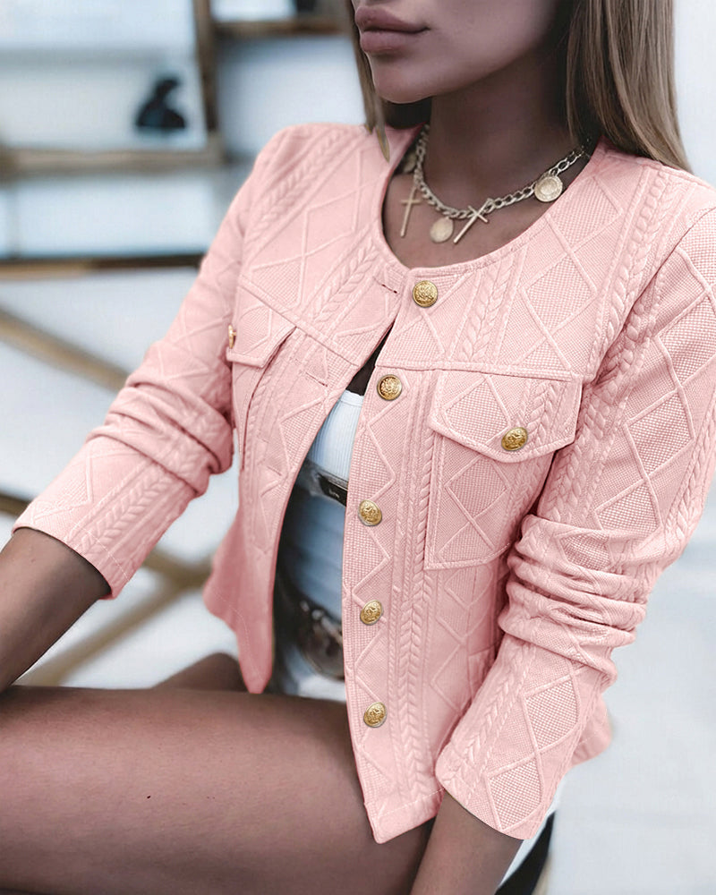 Cropped Knit Jacket with Round Neck and Gold Buttons - Pink