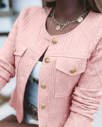 Cropped Knit Jacket with Round Neck and Gold Buttons