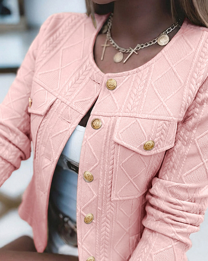 Cropped Knit Jacket with Round Neck and Gold Buttons