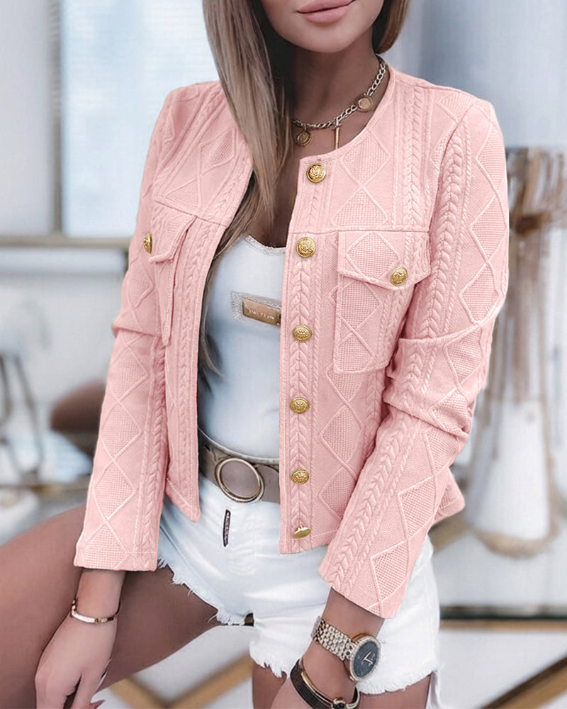 Cropped Knit Jacket with Round Neck and Gold Buttons