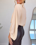 Deep V-Neck Blouse with Lace Panels and Wrap Front