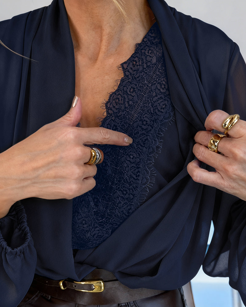 Deep V-Neck Blouse with Lace Panels and Wrap Front