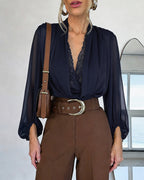 Deep V-Neck Blouse with Lace Panels and Wrap Front
