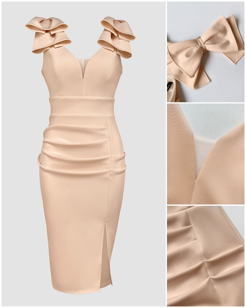 Deep V-Neck Midi Dress with Bow Detail and Side Slit