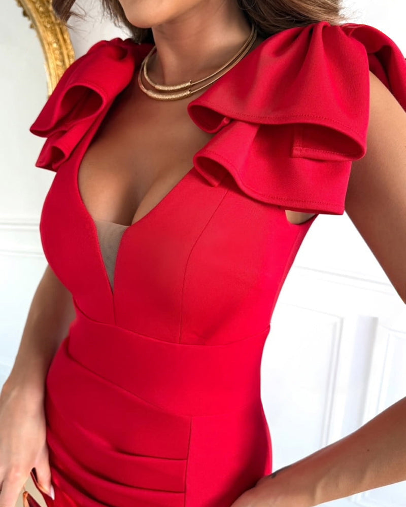 Deep V-Neck Midi Dress with Bow Detail and Side Slit