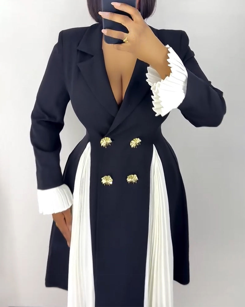 Double-Breasted Blazer Dress with Pleated Panel - Black