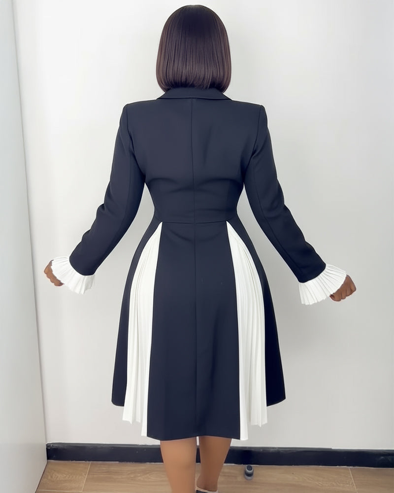 Double-Breasted Blazer Dress with Pleated Panel - Black