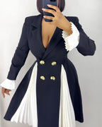 Double-Breasted Blazer Dress with Pleated Panel - Black