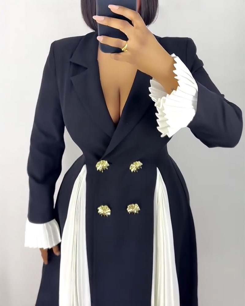 Double-Breasted Blazer Dress with Pleated Panel - Black