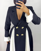 Double-Breasted Blazer Dress with Pleated Panel - Black