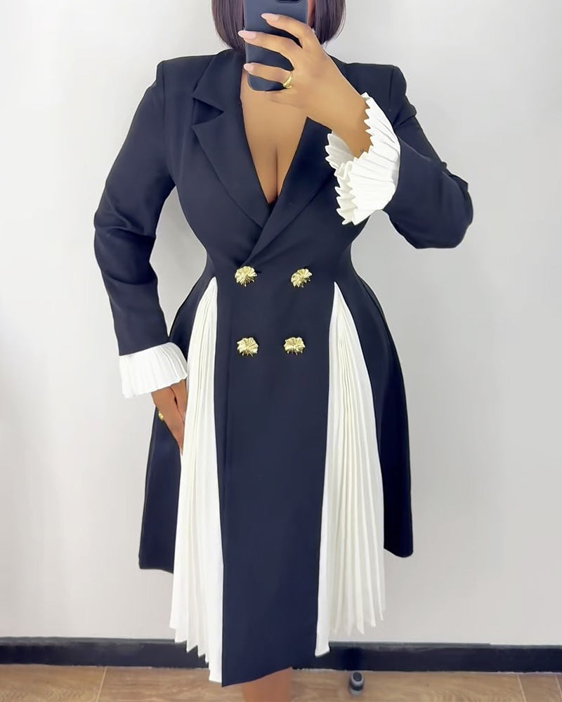 Double-Breasted Blazer Dress with Pleated Panel - Black