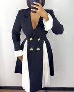 Double-Breasted Blazer Dress with Pleated Panel - Black