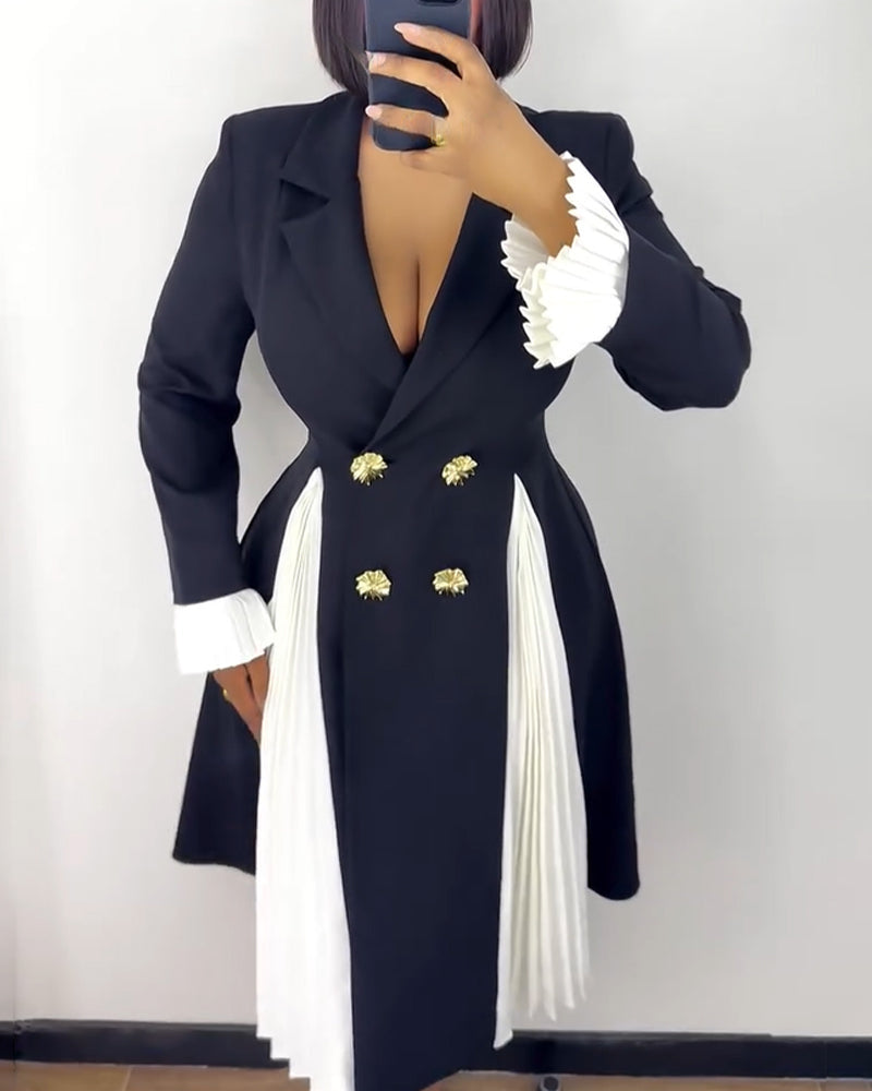 Double-Breasted Blazer Dress with Pleated Panel - Black