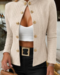 Double-Breasted Knit Coat with Stand Collar and Cable - Light Khaki