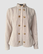 Double-Breasted Knit Coat with Stand Collar and Cable