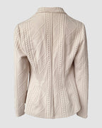 Double-Breasted Knit Coat with Stand Collar and Cable