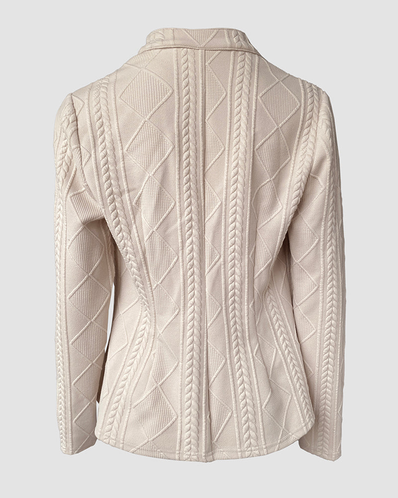 Double-Breasted Knit Coat with Stand Collar and Cable