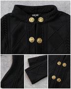 Double-Breasted Knit Coat with Stand Collar and Cable