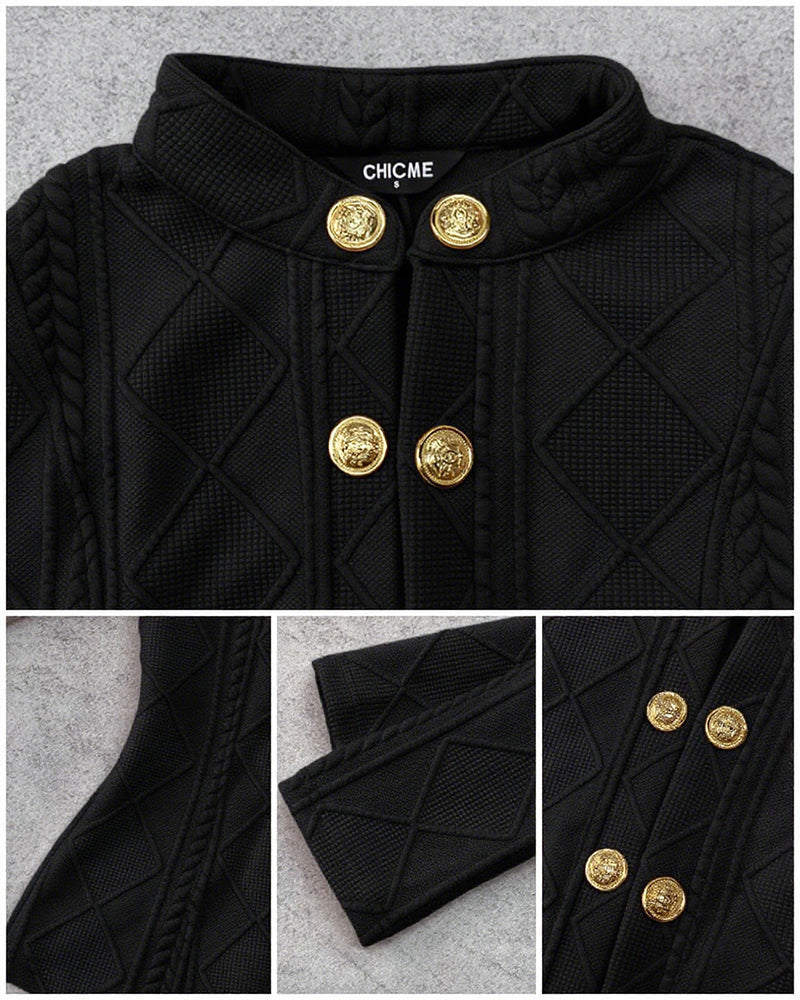 Double-Breasted Knit Coat with Stand Collar and Cable