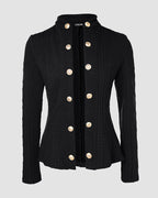 Double-Breasted Knit Coat with Stand Collar and Cable