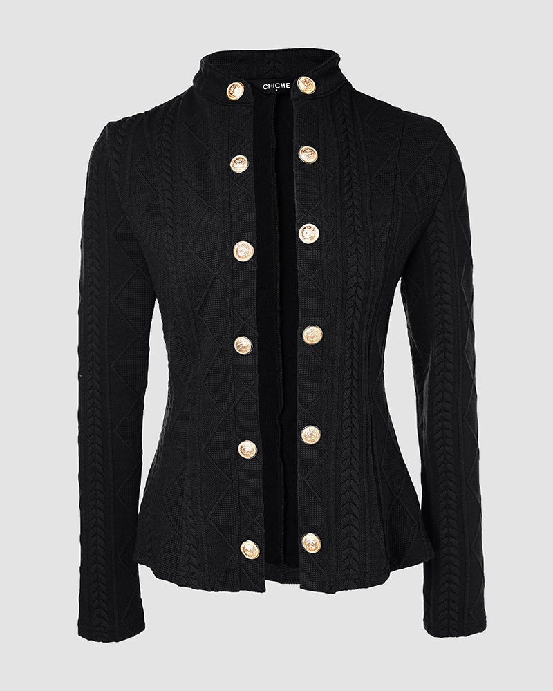 Double-Breasted Knit Coat with Stand Collar and Cable