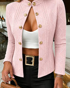 Double-Breasted Knit Coat with Stand Collar and Cable - Pink