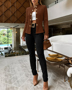 Double-Breasted Knit Coat with Stand Collar and Cable