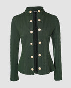 Double-Breasted Knit Coat with Stand Collar and Cable