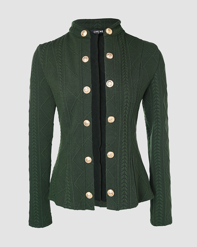 Double-Breasted Knit Coat with Stand Collar and Cable