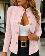 Double-Breasted Knit Coat with Stand Collar and Cable