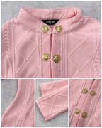 Double-Breasted Knit Coat with Stand Collar and Cable