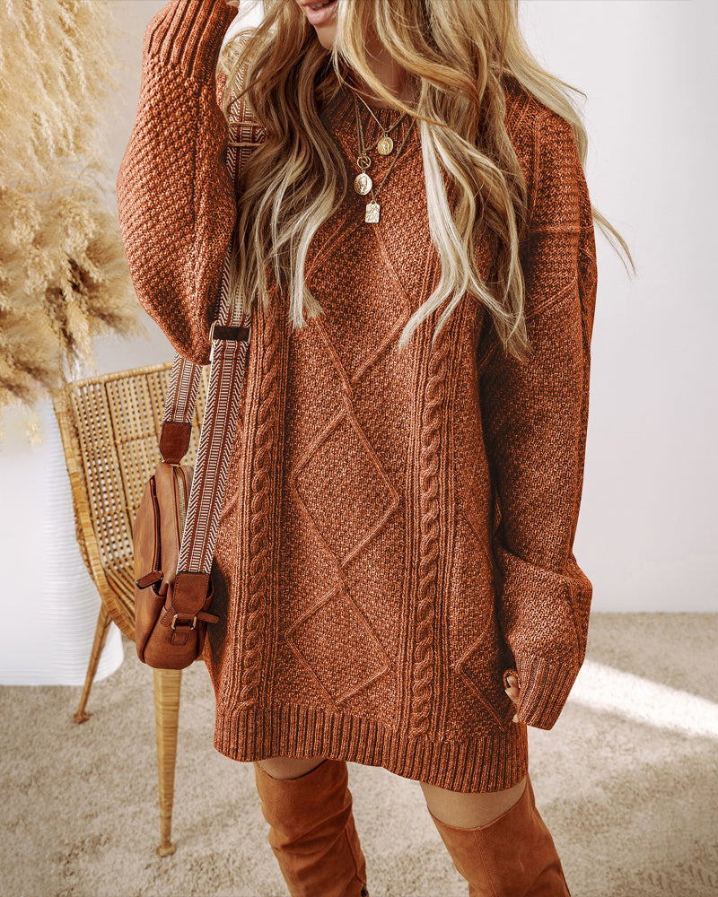Drop-Shoulder Cable-Knit Pullover in Mid Length - Brown
