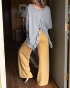 Drop-Shoulder T-Shirt with Back Ruffle and Slit - Gray