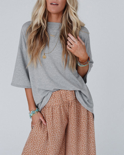 Drop-Shoulder T-Shirt with Back Ruffle and Slit - Gray