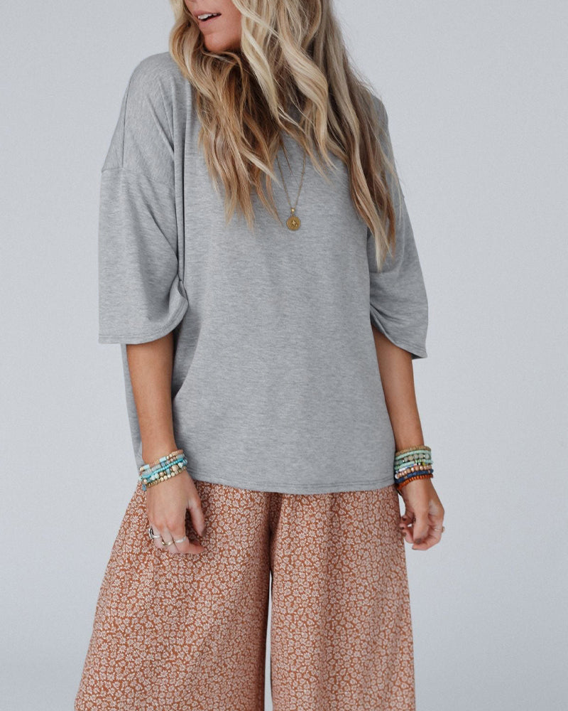 Drop-Shoulder T-Shirt with Back Ruffle and Slit - Gray