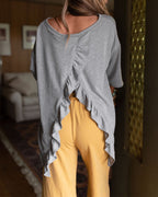 Drop-Shoulder T-Shirt with Back Ruffle and Slit - Gray