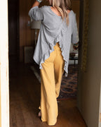 Drop-Shoulder T-Shirt with Back Ruffle and Slit - Gray