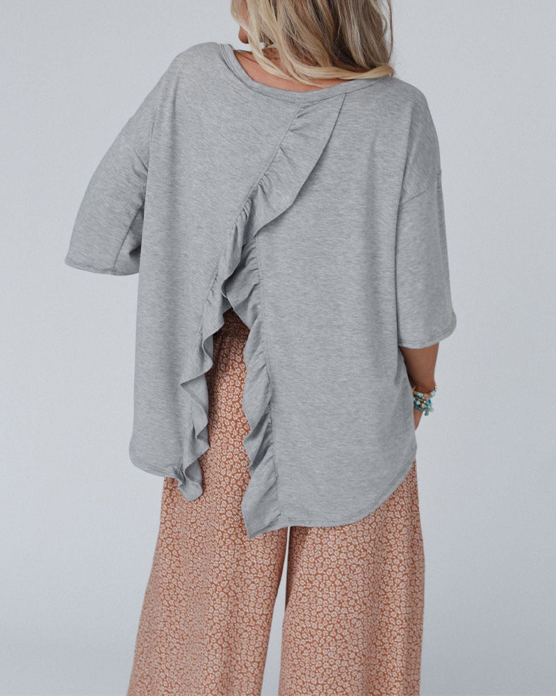 Drop-Shoulder T-Shirt with Back Ruffle and Slit - Gray