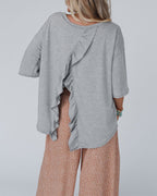 Drop-Shoulder T-Shirt with Back Ruffle and Slit - Gray