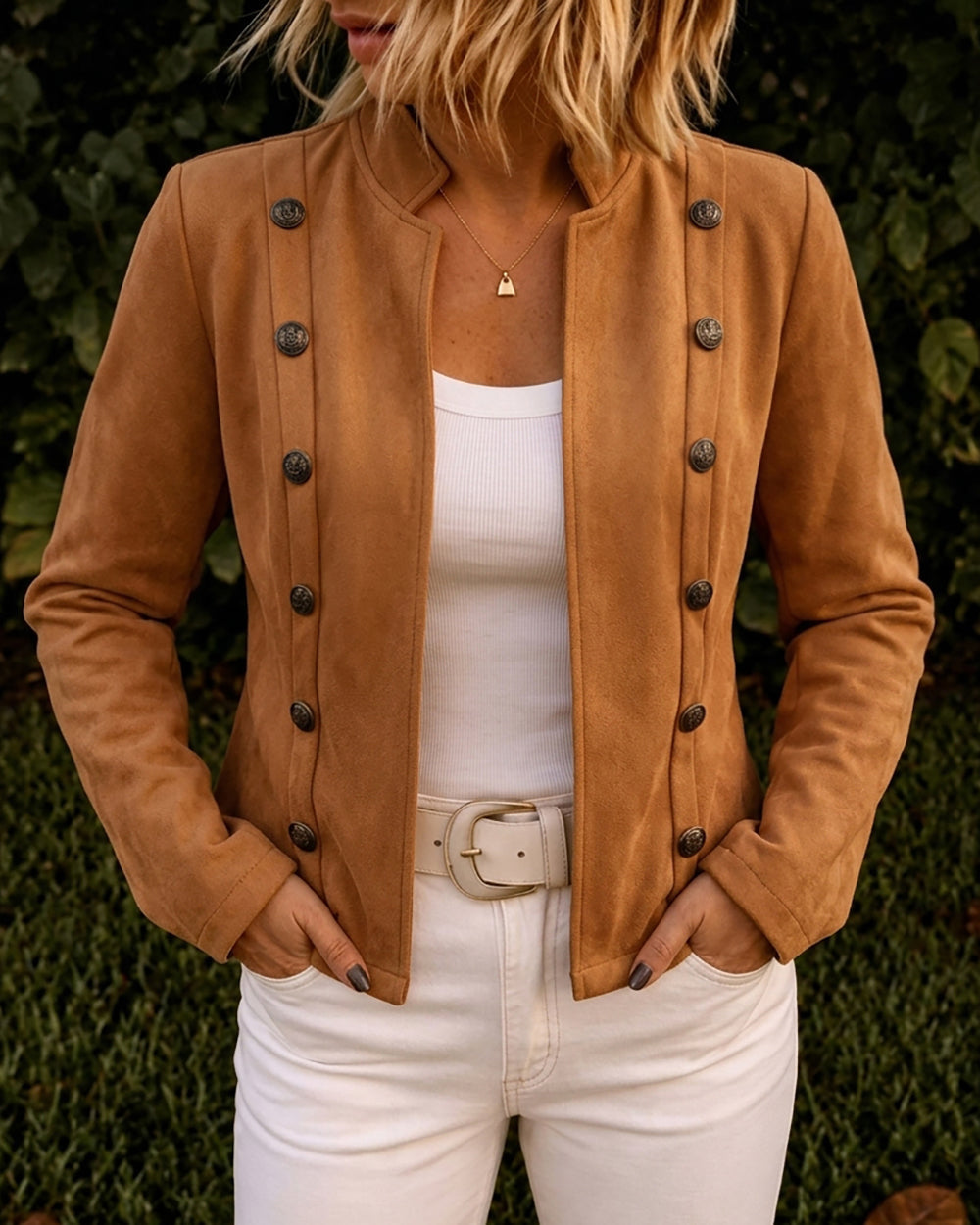 Faux Suede Jacket with Stand Collar and Open Front - Brown