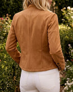 Faux Suede Jacket with Stand Collar and Open Front - Brown