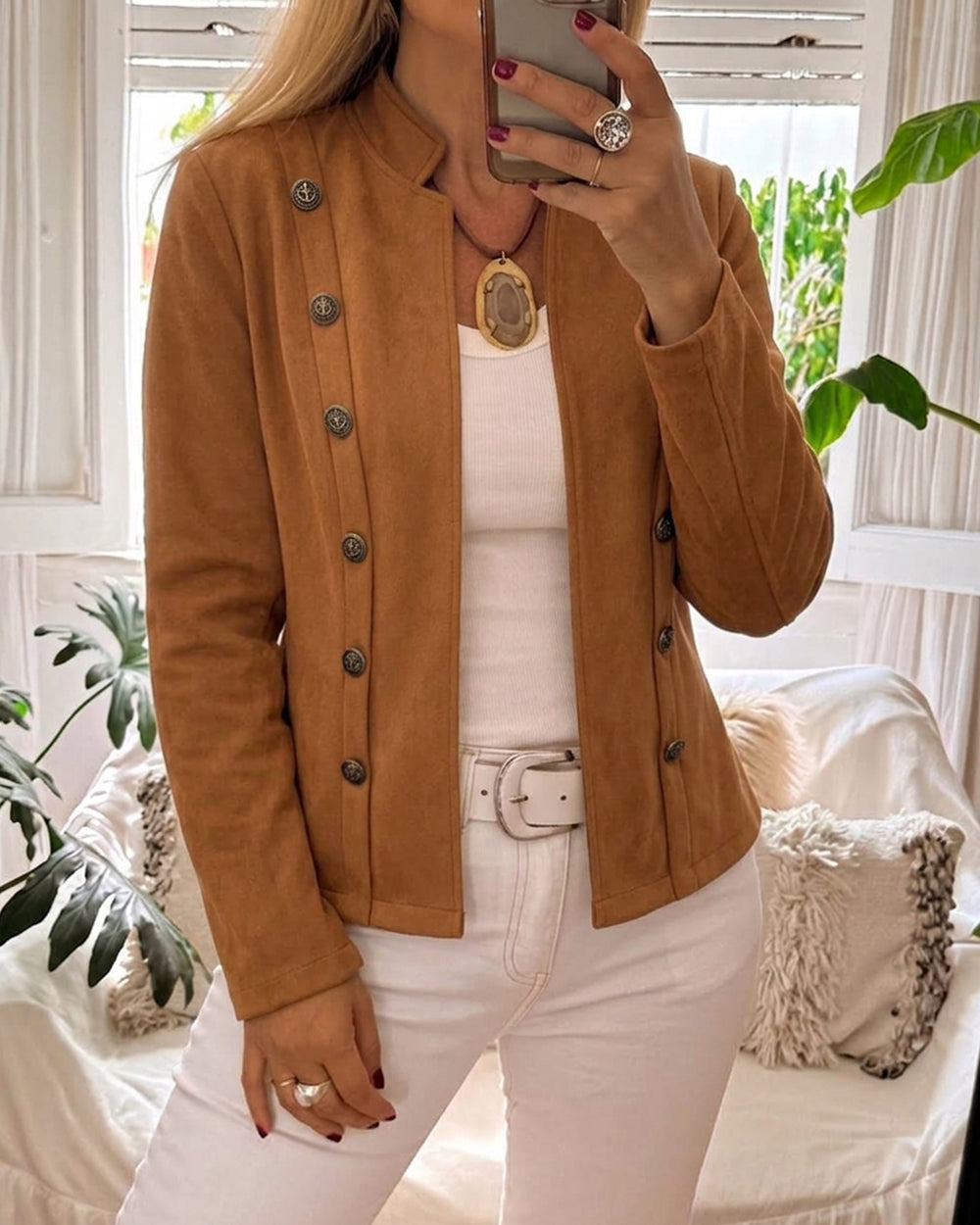 Faux Suede Jacket with Stand Collar and Open Front - Brown