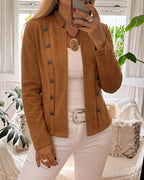 Faux Suede Jacket with Stand Collar and Open Front - Brown